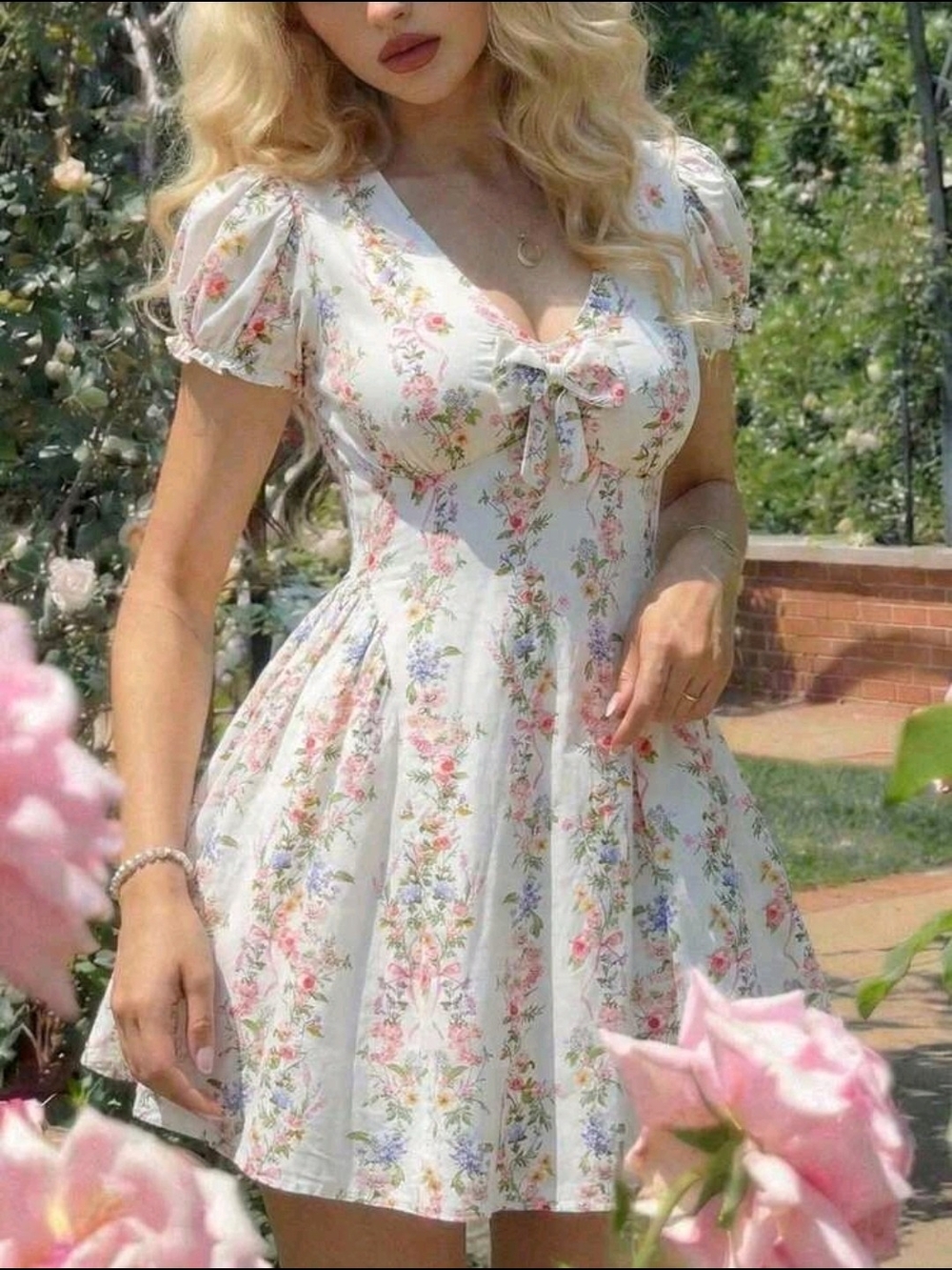 Floral Tie-Front Mini Dress - Cream with Pastel Floral